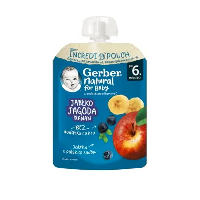 Gerber Natural for baby Пюре от ябълка, боровинка и банан, от 6-ия месец, 80g, пауч