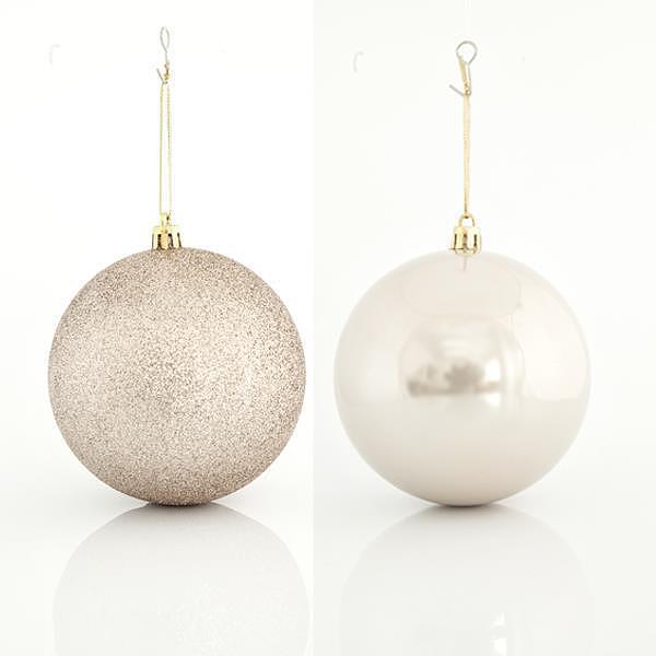 Играчка за елха топка, бежова 6бр (2 перлени, 4 брокат), 10см