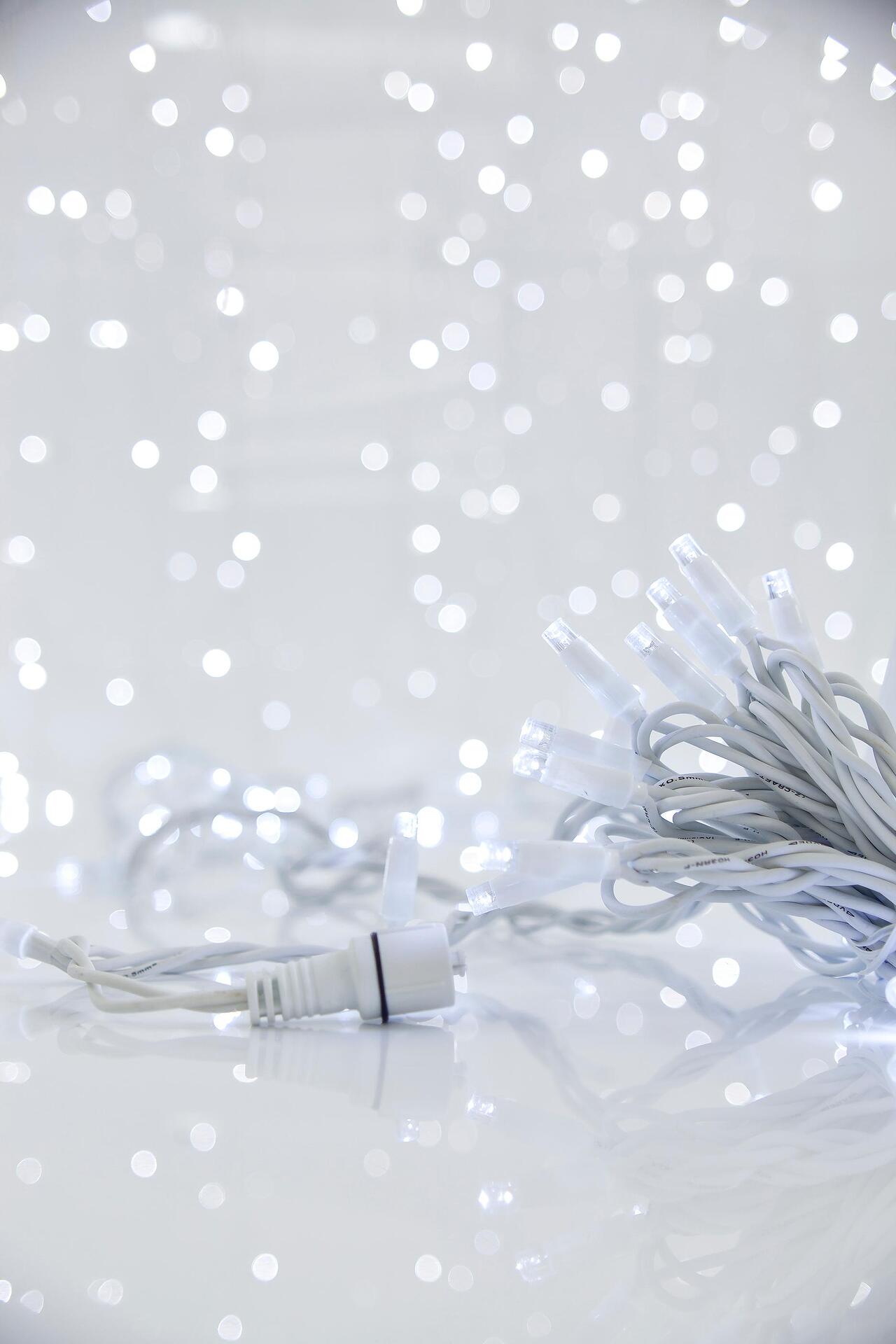 ЛАМПИЧКИ,100 LED,230V,КОНЕКТОР,ЗАХР.КАБЕЛ 150cm,БЯЛ ГУМ.КАБЕЛ,W, IP65