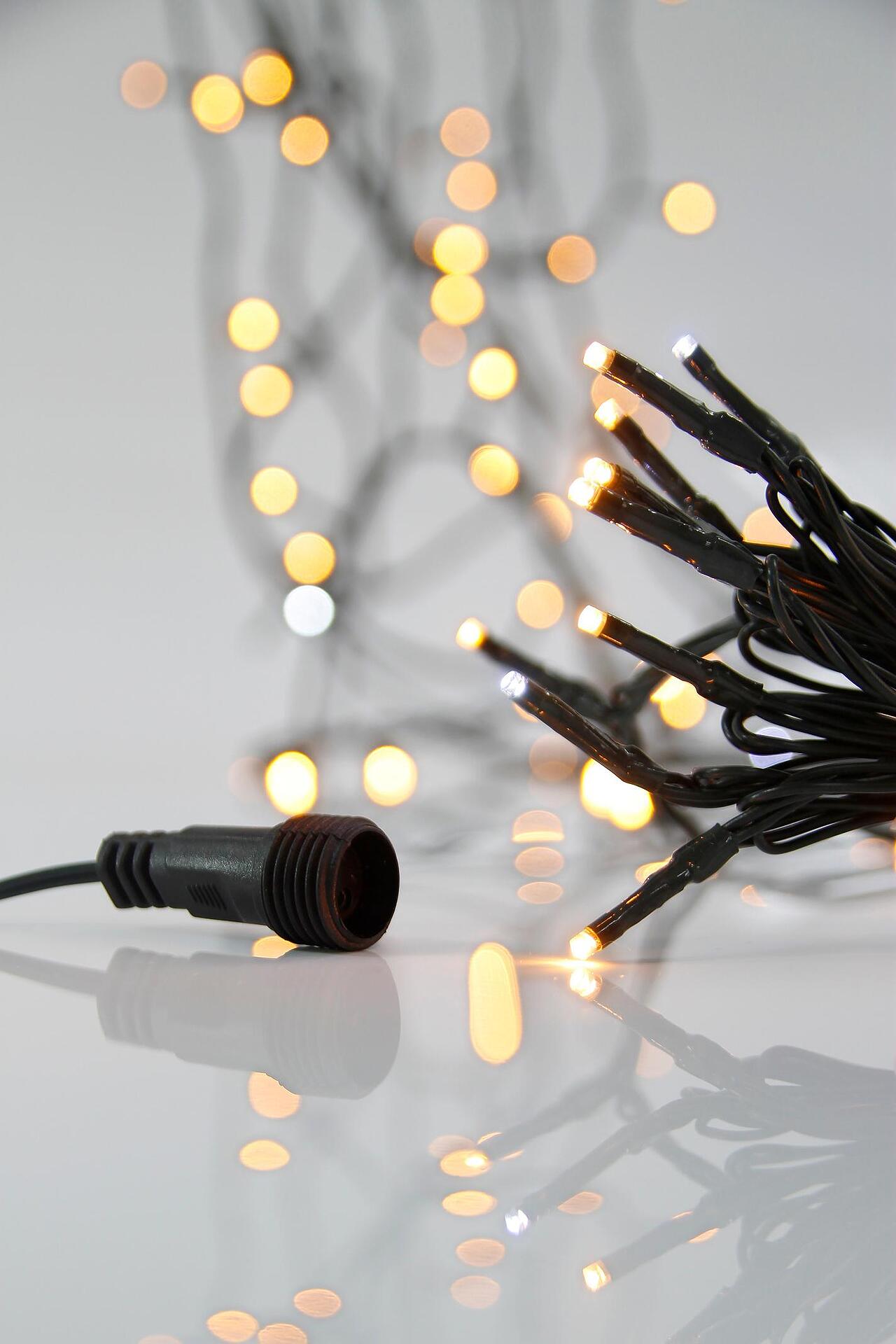 ЛАМПИЧКИ,100 LED,31V,КОНЕКТОР,АДАПТОР,ЗЕЛ.КАБЕЛ,WW, 9 WHITE FLASH IP44