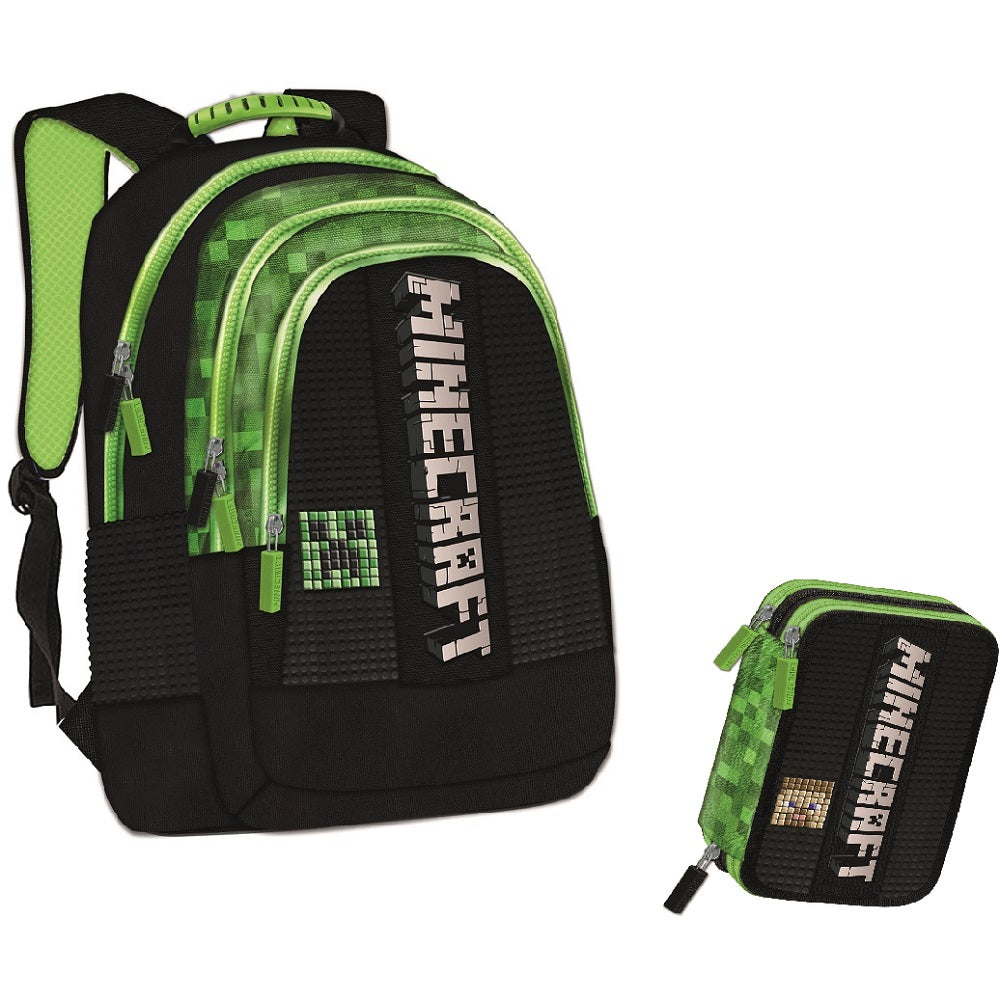 Комплект ученическа раница и несесер със съдържание Minecraft pixel