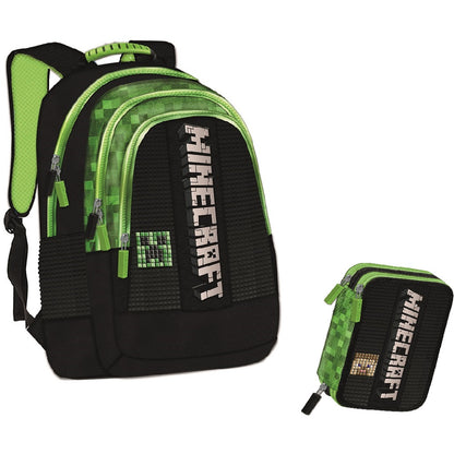 Комплект ученическа раница и несесер със съдържание Minecraft pixel