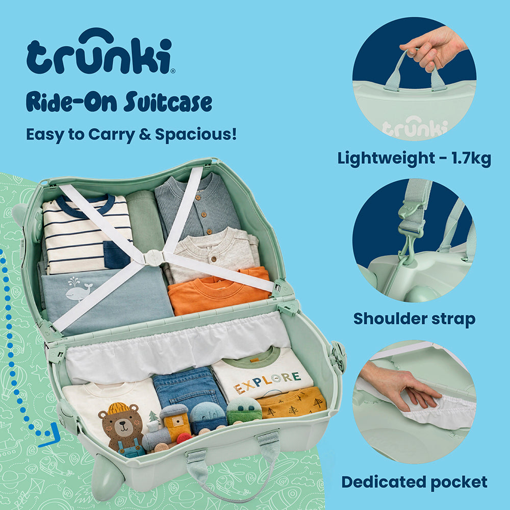 Детски куфар за яздене Trunki Solid Green