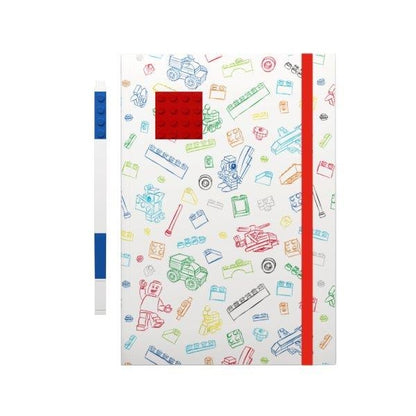 LEGO бял тефтер с червен LEGO елемент 4х4 + син гел химикал