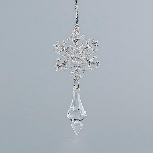 Коледна акрилна висулка със снежинка и сребрист блясък, 5x11см