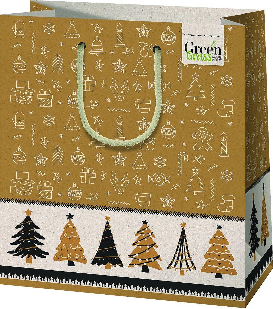 CARDEX Екологична подаръчна торбичка от трева М 20х23 Златна с елхи