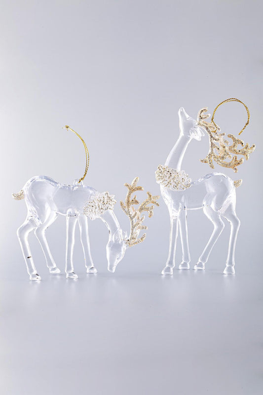 Декорация акрилен елен, прозрачен със златни рога