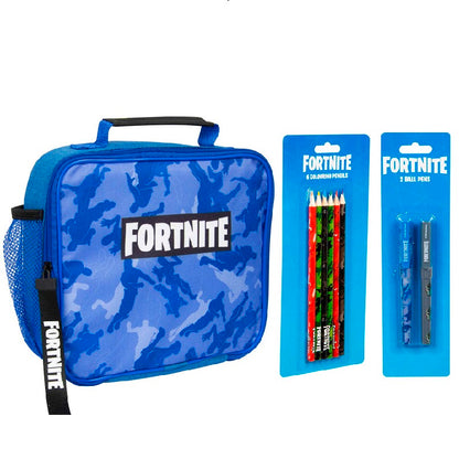 Fortnite сет - 3 части - чанта за храна, комплект от 6 цветни молива, комплект от 2 химикала