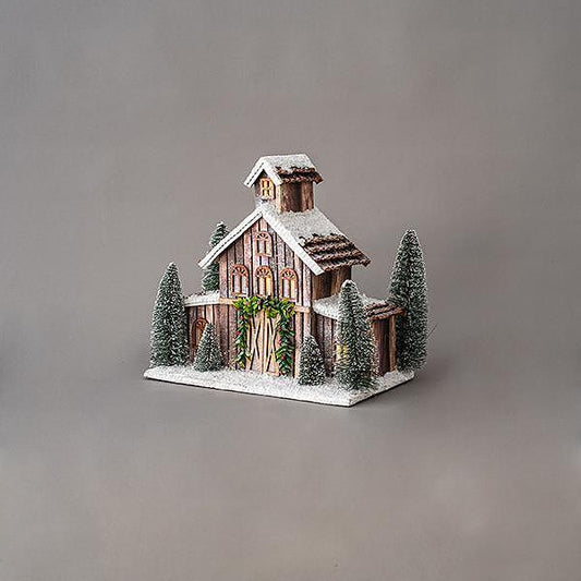 ДЕКОРАЦИЯ СВЕТЕЩА С КЪЩА С ЕЛХИ, 7 LED, С БАТЕРИИ, 38,5x20,5x34cm