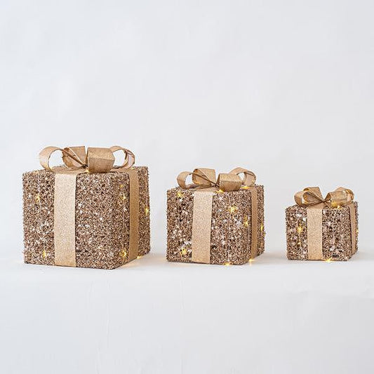 Коледни LED декоративни подаръци, шампанско, 3 бр (15-20-25см)