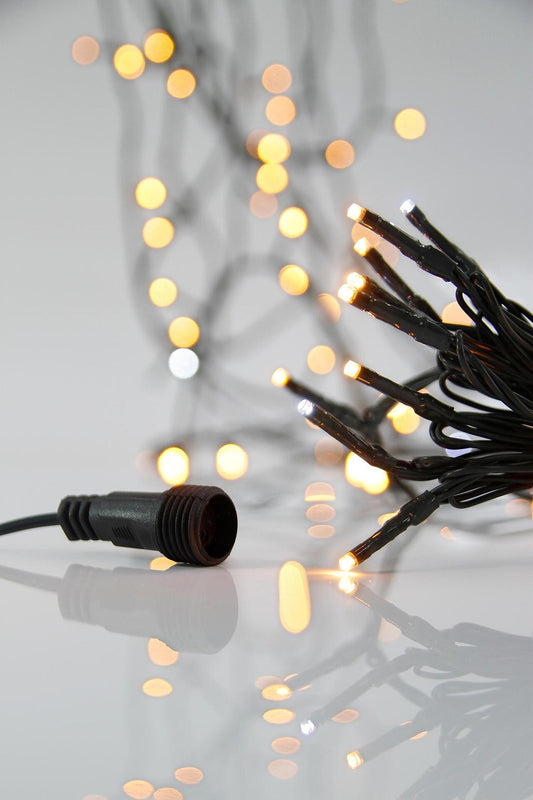 ЛАМПИЧКИ,100 LED,31V,КОНЕКТОР,АДАПТОР,ЗЕЛ.КАБЕЛ,WW, 9 WHITE FLASH IP44