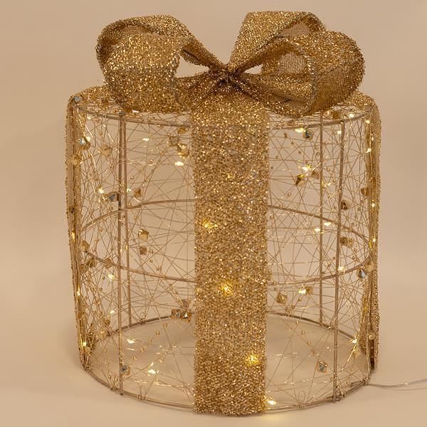 Коледни осветени подаръци, 25см, злато с перли, LED