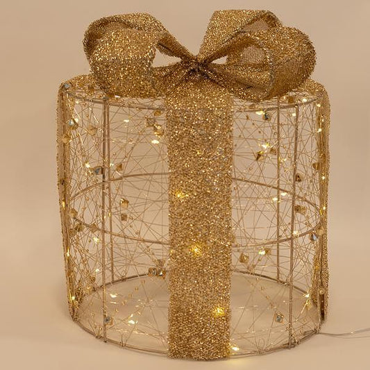 Коледни осветени подаръци, 25см, злато с перли, LED