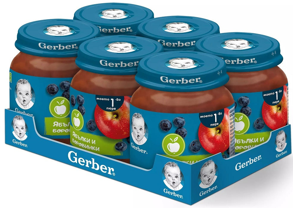 Gerber плодово пюре ябълки и боровинки, 6 х 125 гр