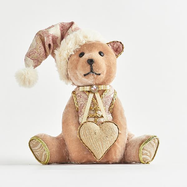 Коледен плюшен мечок с розови дрехи и шапка на Дядо Коледа, 26см