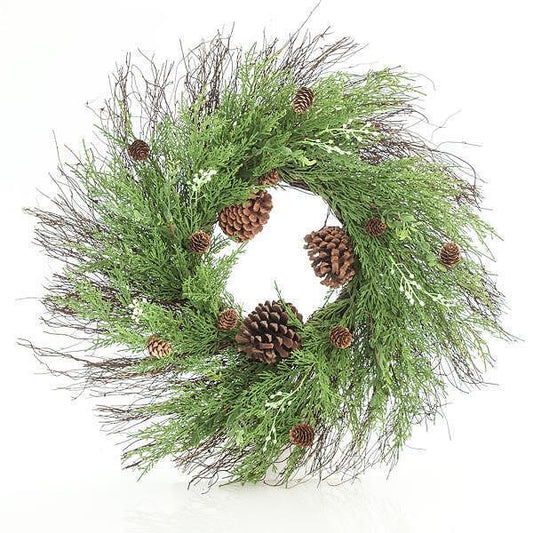 Коледен декоративен венец с шишарки, зелен, 71см