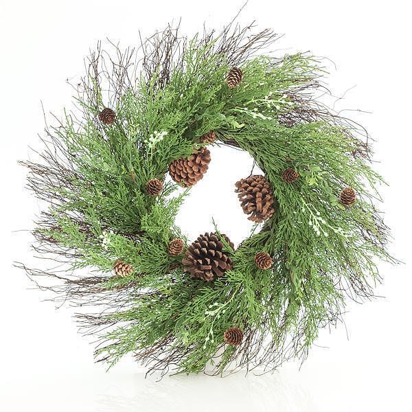 EUROLAMP Декоративен венец с шишарки, 71см, цвят зелен